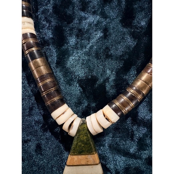 Boho Inlaid Stone Triangle Pendant Necklace Natural Wood Bone Beads - Picture 2 of 10